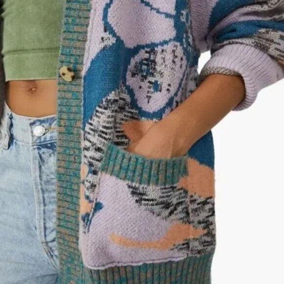 Free People August Orchid Teal Combo Chunky Knit Wool Oversized Cardigan - Picture 4 of 9